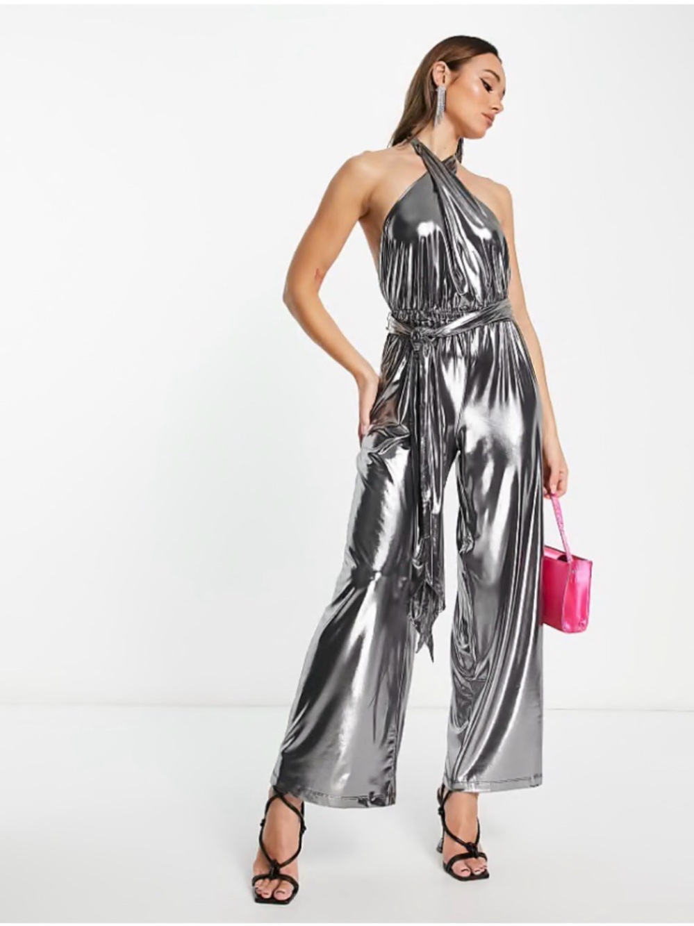 French Connection Metallic Silver Halter Jumpsuit